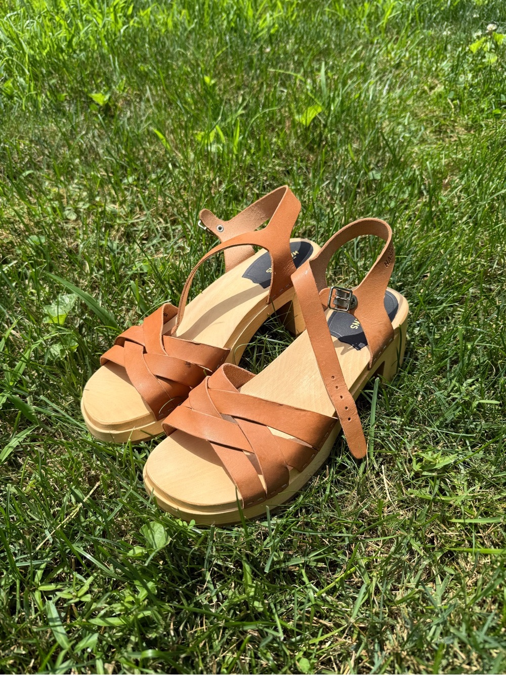 Swedish Hasbeens Cognac Leather Platform Sandals with Buckle
